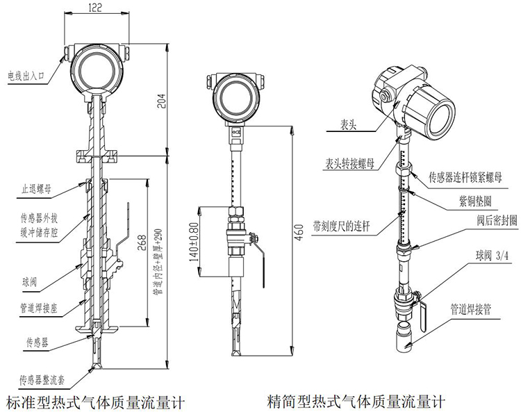 天然氣熱式氣體流量計(jì)插入式結(jié)構(gòu)尺寸圖